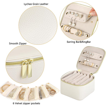 HofferRuffer Jewelry Box Organizer for Women Girls, Travel Jewelry Case with 6 Portable Zipper Bags, Jewelry Storage Ideal for Travel & Home Organization (6pcs-CreamWhite Faux Leather)