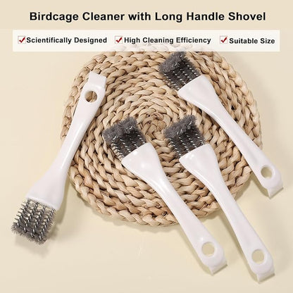 4pcs Bird Cage Cleaner with Long Handle, Stainless Steel Kennel Parakeet Bird Perches Remover Guinea Pig Cage Cleaning Brush Efficient Parrot Dropping Supplies for Budgie Cockatiel Small Pets
