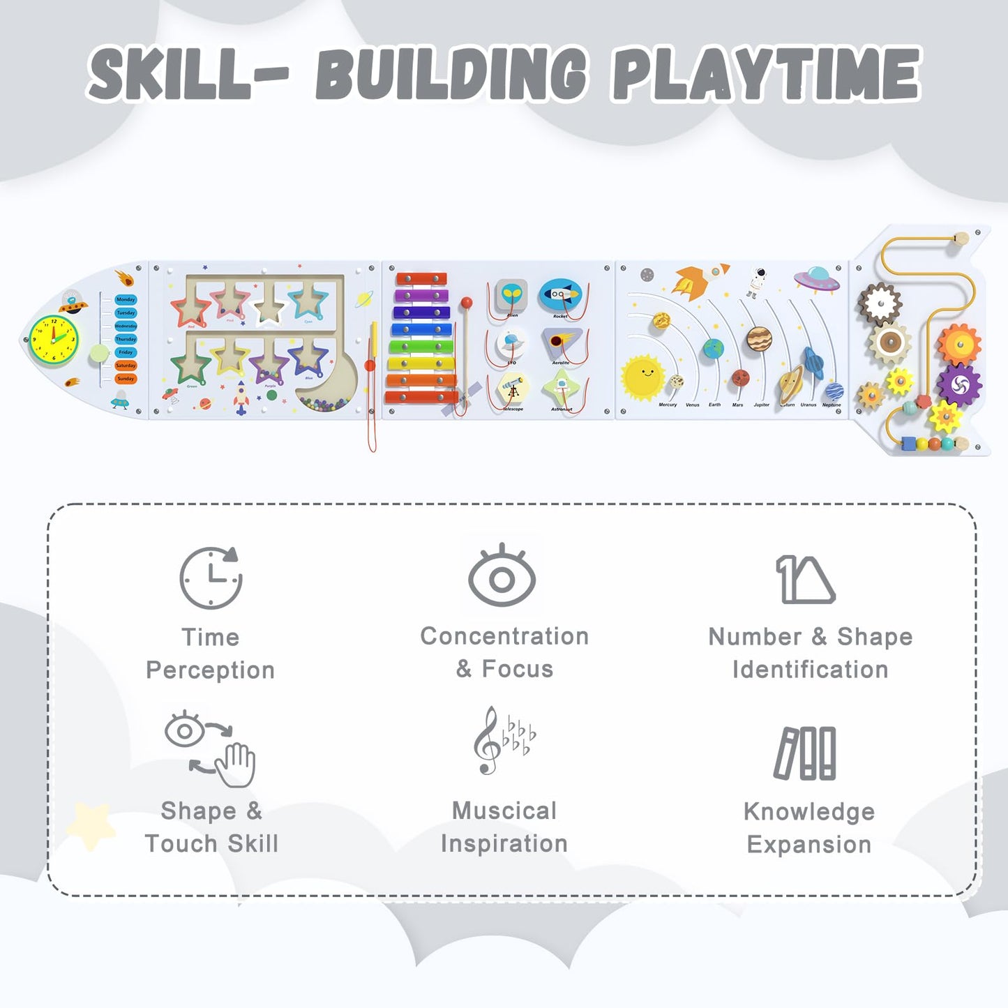 nigwet Rocket Activity Wall Busy Board Panels - Sensory Wall Panel for Kids, Montessori Toddler Wall Activity Board, Wall Toys for Toddlers 3, Activity Cube, Wood Activity Boards, White Grey