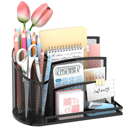 SUPEASY Desk Organizer with 3 Compartment Pen Holder, 3-Slot Mail Organizer and Flower Tube, Metal Mesh Bill Organizer for Pencil, Envelope, Letter and Office Supplies, Black