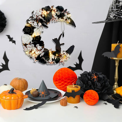 Halloween Wreath Moon Cat Black White Wreath Halloween Decor 13.7in×9.8in