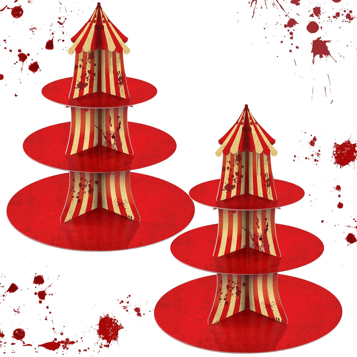 2Pcs 3-Tier Halloween Carnival Decoration Halloween Creepy Circus Cupcake Stand Evil Scary Circus Dessert Tower Stand Carnival Bloody Striped Cake Holder for Horror Movie Dinner Nights Party Supplies