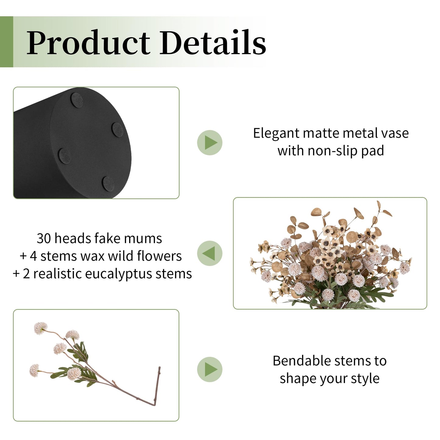 BLOSMON Beige Faux Flowers in Vase: Metal Vase with 12 Stems of Fake Mums Wax Eucalyptuses for Dining Table Centerpiece Decor - Artificial Silk Kiku Pom Poms Wild Farmhouse Floral Arrangements