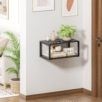 Floating Nightstand Set of 2, Wood Bedside Shelf Wall Mounted Nightstand with Heavy-Duty Frame, Floating Bedside Table for Bedroom, Living Room, Bathroom, Kitchen, (Vintage Black, 2 Pack)
