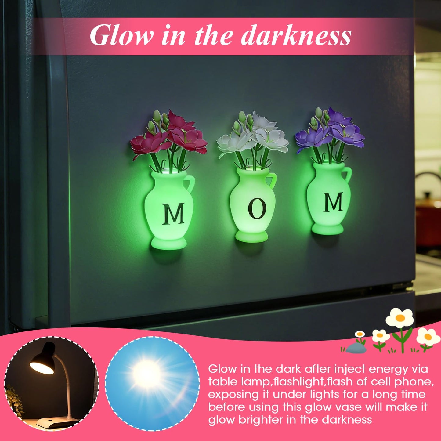Mini Vase Magnets for Fridge,Silicone Tiny Magnetic Glow Plant Pot,Glow Bud Vase for Real Fake Flower,Gift for Mom from Daughter Son for Mother Day Birthday for Kitchen Office Locker Whiteboard Decor