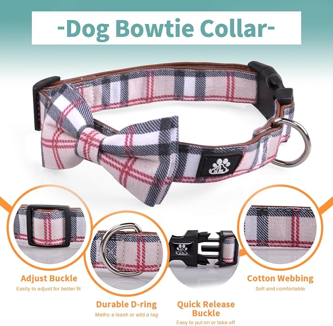 IVY&LANE Dog Collar with Bowtie and Leash Set | Plaid Adjustable Dog Collar | Detachable Bow Tie |5 FT Dog Leash | for Small Medium Large Dogs | Checkered Beige | Medium