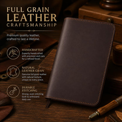 CestAntiQ Full Grain Leather A5 Journal Cover for 5.75 x 8.25 in Hardcover Notebook, Refillable Leather Notebook Cover with Pen Loop, Compatible with Leuchtturm1917, Moleskine & A5 Planners, Handmade (Dark Brown)