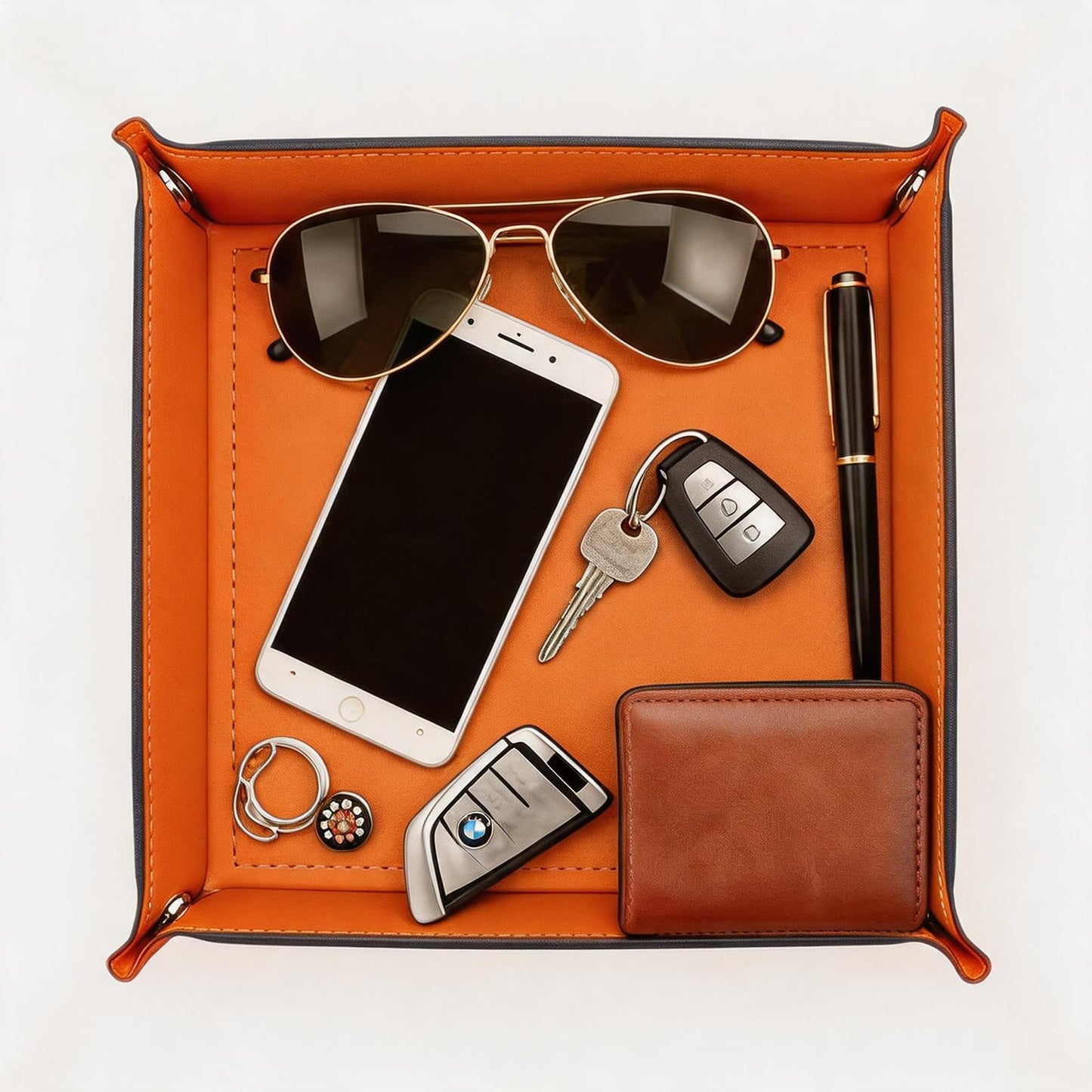siduater Valet Tray Desktop Storage Organizer – Vegan Leather Catchall Bedside Vanity Tray Nightstand Caddy Holder for Remote Controller, Watch, Keys, Phone, Wallet, Coin, Jewelry (Orange/Black)