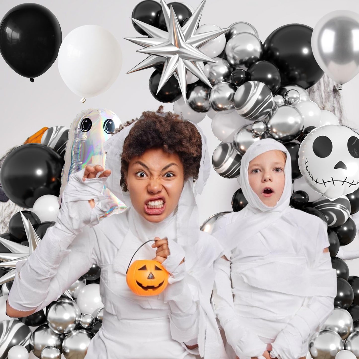 Halloween Balloon Arch Kit,110Pcs Black White and Silver Latex and Foil Balloon with Ghost,Skull Design for Halloween Birthday Bachelorette Baby Shower Wedding Party Decorations