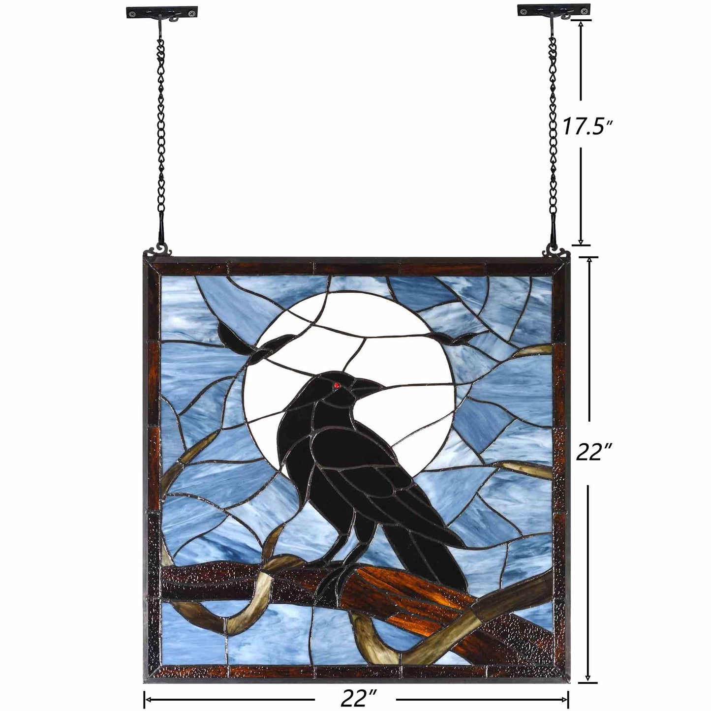 Bieye W10097 Tiffany Style Stained Glass Window Panel with Raven Sitting on Bare Tree Branch against Full Moon Scene for Halloween Decor (Dark Blue, 22" Wx22 H Square)