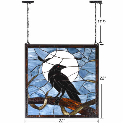 Bieye W10097 Tiffany Style Stained Glass Window Panel with Raven Sitting on Bare Tree Branch against Full Moon Scene for Halloween Decor (Dark Blue, 22" Wx22 H Square)