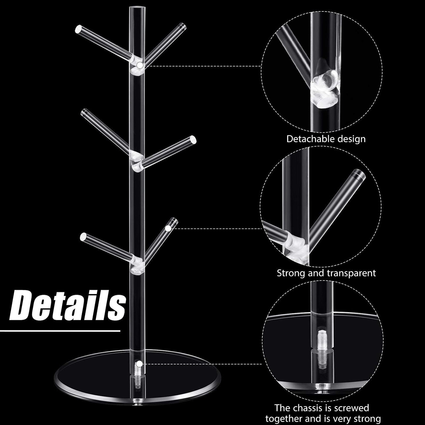 Patelai 14 Inch Acrylic Coffee Mug Tree Coffee Mug Rack Cup Holders for Counter with 6 Hooks Removable Stands(Acrylic,Clear)