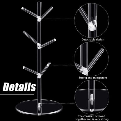 Patelai 14 Inch Acrylic Coffee Mug Tree Coffee Mug Rack Cup Holders for Counter with 6 Hooks Removable Stands(Acrylic,Clear)