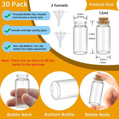 Ainswei 30Pcs 12ml Mini Glass Bottles with Cork Stoppers - Small Clear Vials for DIY Crafts, Wedding Favors, Halloween Decor, Wishing Spell Jars, Includes Funnel-(22 * 60 mm)