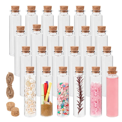 20 ml Small Glass Bottles with Cork, 24 Pack Mini Bottles with Twine & EXTRA Cork Stoppers, Small Vials with Lids, Tiny Spell Jar, Mini Potion Bottle, Message in a Bottle for Theme Party, Sand