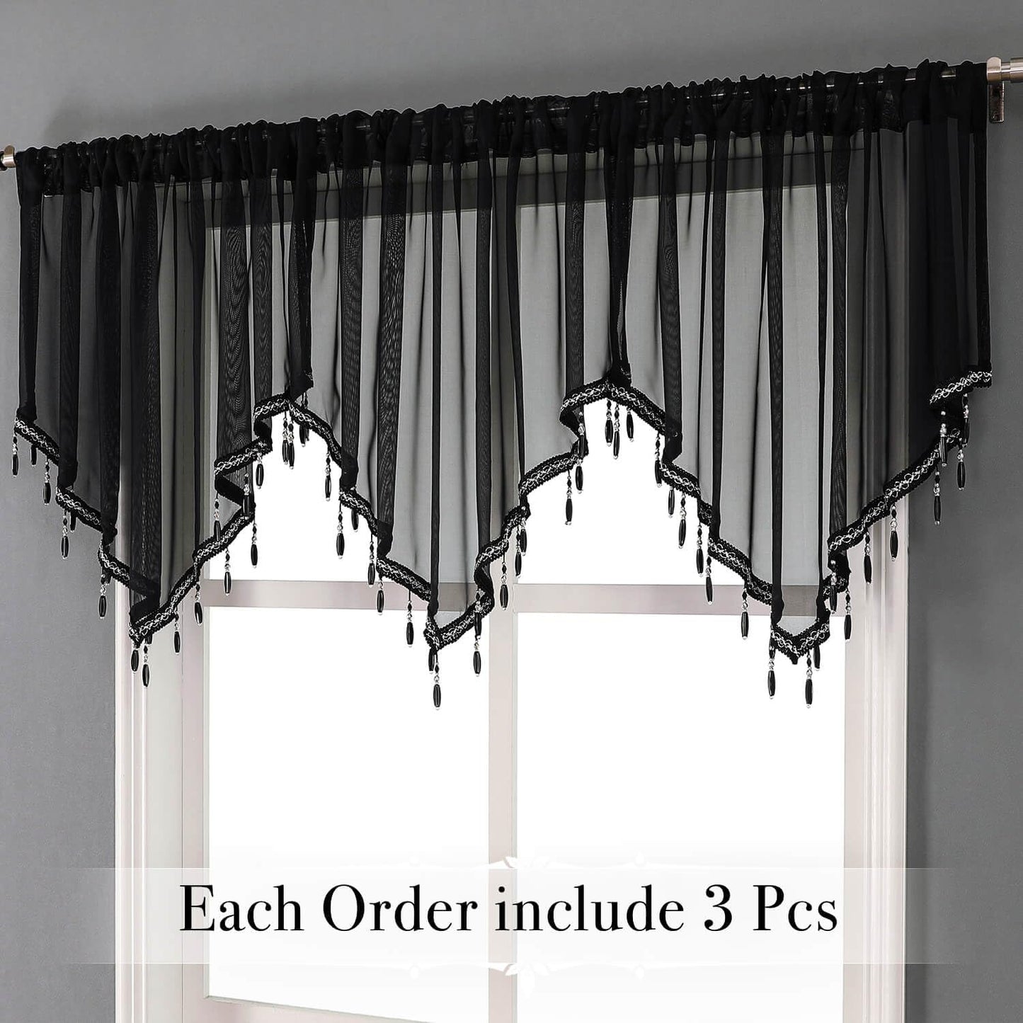 WUBODTI Halloween Black Beaded Sheer Valance Curtains for Windows 3Pcs, Gothic Farmhouse Window Valance Beads Tassel Semi Sheer Curtain Valances for Bedroom Bathroom Kitchen, 51 x 24 Inch Length