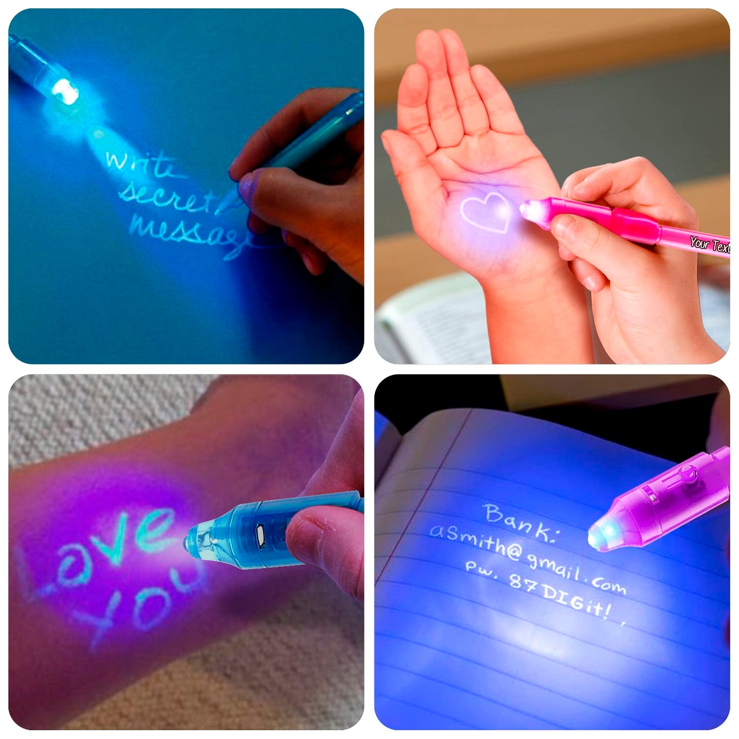 Personalized Invisible Disappearing Ink Pen Marker, Custom Secret Spy Message Writer with UV Light, Fun Activity Entertainment for Kid Party Favors Ideas Gifts and Stock Stuffers, 24 Pack, Blue