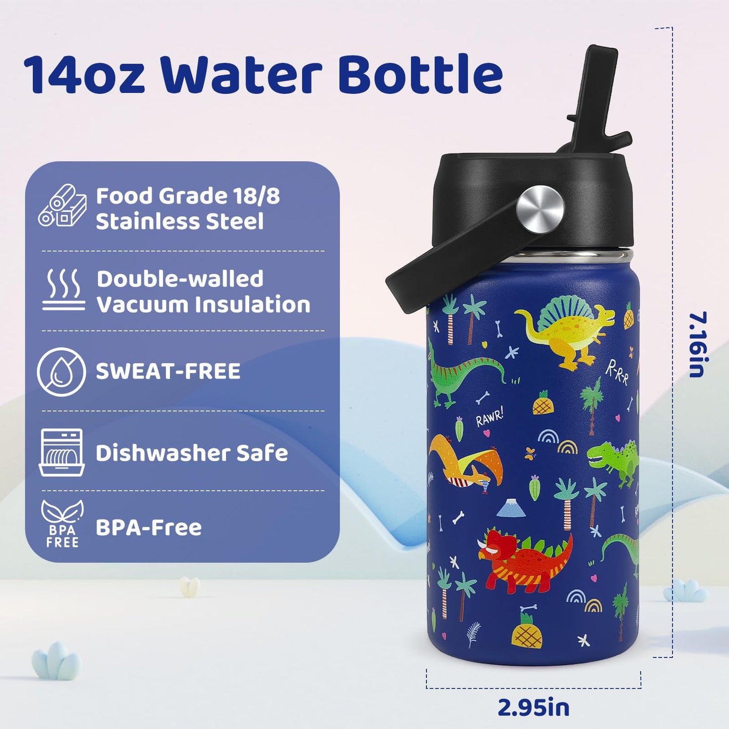 XccMe 2Pack Kids Water Bottle With Straw Lid,14 oz Stainless Steel Travel Bottle,Double Wall Leak Proof Kids Cup,Insulated Tumbler for Toddlers,Metal Bottle for School Boys Girls(Bow+Dinosaur)