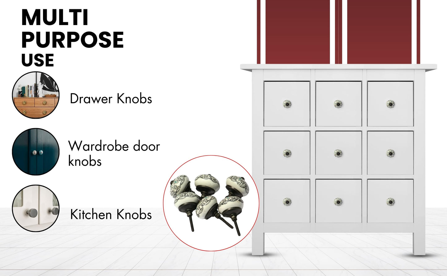 owlKraft Set of 6 Unique Handmade Ceramic Knobs | Modern Drawer Knobs | Trendy Cabinet Door Knobs | Dresser Drawers - Countryside (Style 2, Black and White (Beige) Flower Design)