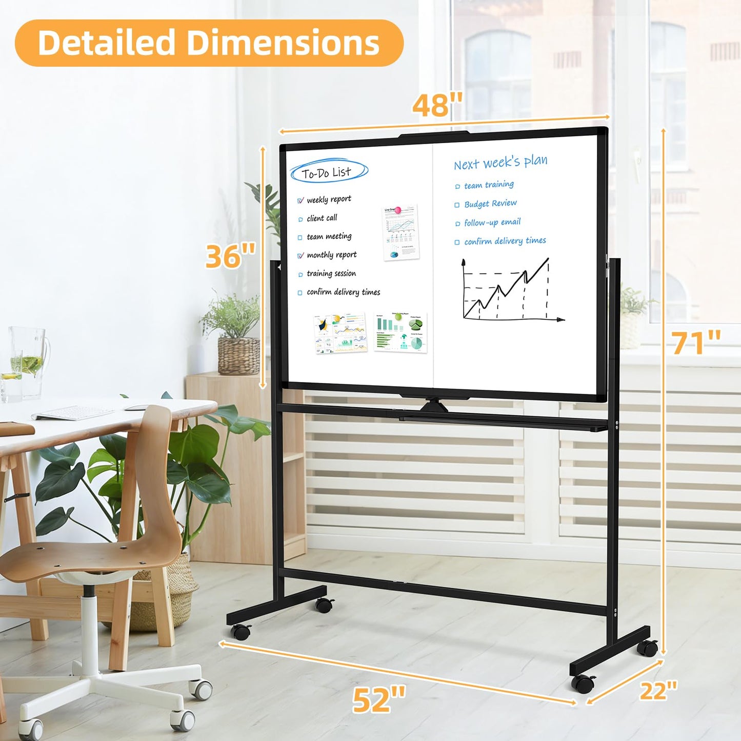 WALGLASS Rolling Dry Erase Whiteboard, 48"x36" Double-Sided White Board on Wheels, Large Portable White Board with Stand, Black Mobile Standing Whiteboards for Office, Home, School 4x3 ft