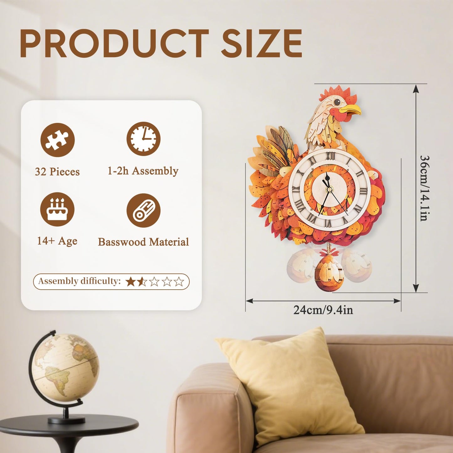 Cutywood 3D Puzzles for Adults Clock-Rooster Design Model Kit-Mechanical DIY Pendulum Clock with Roman Numerals-Desk Home Office Decor Personalized Gift for DIY Lovers