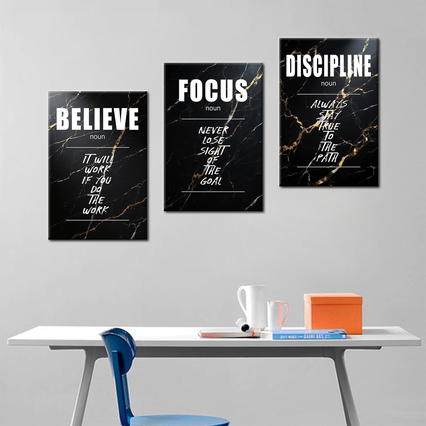 YSPCSUN Large 3 Piece Inspirational Wall Art for Office Walls Canvas Prints Black Marble Motivational Quotes Posters Framed Modern Business Executive Workspace Decor Ready to Hang, 48" x 24"