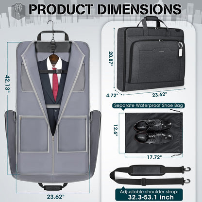 RAINSMORE Garment Bags for Travel Carry On Garment Bag for Hanging Clothes, Suit Bag for Business Trips with Shoes bag & Shoulder Strap, Waterproof Foldable Suit Luggage Bag for Men Women, Gray