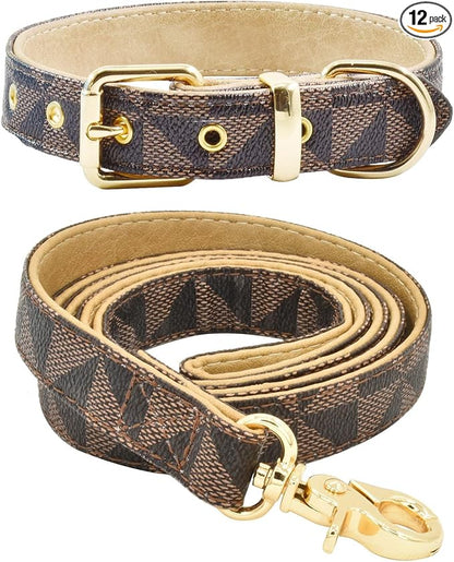 Leather Dog Collar and Leash Set, Check Pattern Dog Collar Leashes Metal Buckle Adjustable Durable for Small Medium Large Dogs (Brown, M(11.8-15IN))