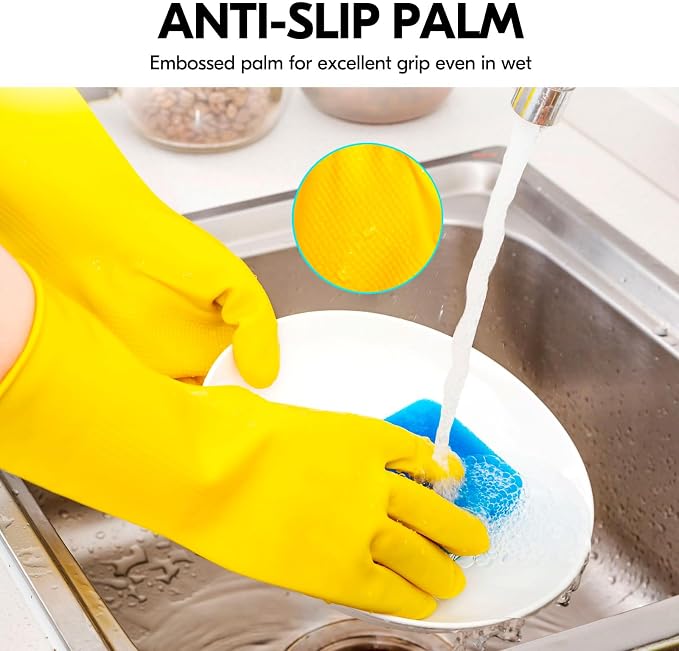 Vgo... 1-Pair Reusable Household Gloves, Rubber Dishwashing gloves, Extra Thickness, Long Sleeves, Kitchen Cleaning, Working, Painting, Gardening, Pet Care (Size XL, Yellow, HH4601)