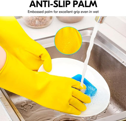 Vgo... 1-Pair Reusable Household Gloves, Rubber Dishwashing gloves, Extra Thickness, Long Sleeves, Kitchen Cleaning, Working, Painting, Gardening, Pet Care (Size XL, Yellow, HH4601)
