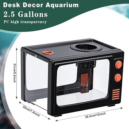 2.5 Gallon Fish Tank Kit with LED Lights, Filter & Plant Planter - Retro TV Decorative Fish Tank for Office Desk Home Decor,Mini Aquarium Starter Kit for Betta Fish (Black - 2.5 Gallon)