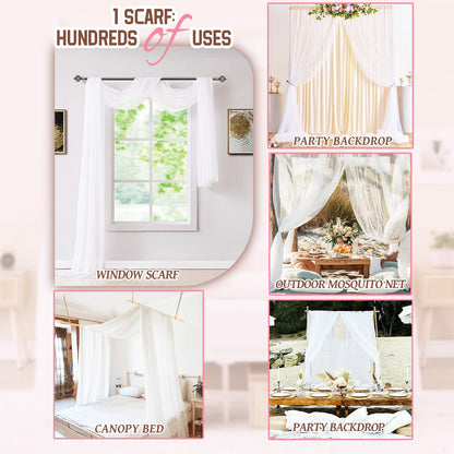 Showgeous 2 Panels White Window Scarf Valance Sheer Canopy Bed Curtains 52" X 144" Extra Long Topper Window Treatment Elegant Curtain Scarves Soft Voile Swag Curtain Drapes for Wedding Arch Home Decor