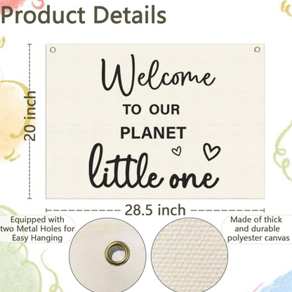 Welcome to Our Planet Rectangular Banner-Flag Sign for Nursery Playroom Kindergarten Bedroom Wall Decor,Baptism Baby Shower Birthday Christmas Gift for Baby Girl Boy Kids-28.5"L×20"W