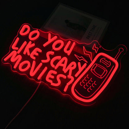 Horror Movie Decor Neon Sign Do You Like Scary Movies Neon Light Dimmable Gothic Led Light Up Signs for Movie Room, Halloween, Gothic Themed Parties Decoration Gifts(15 * 9.3inch)