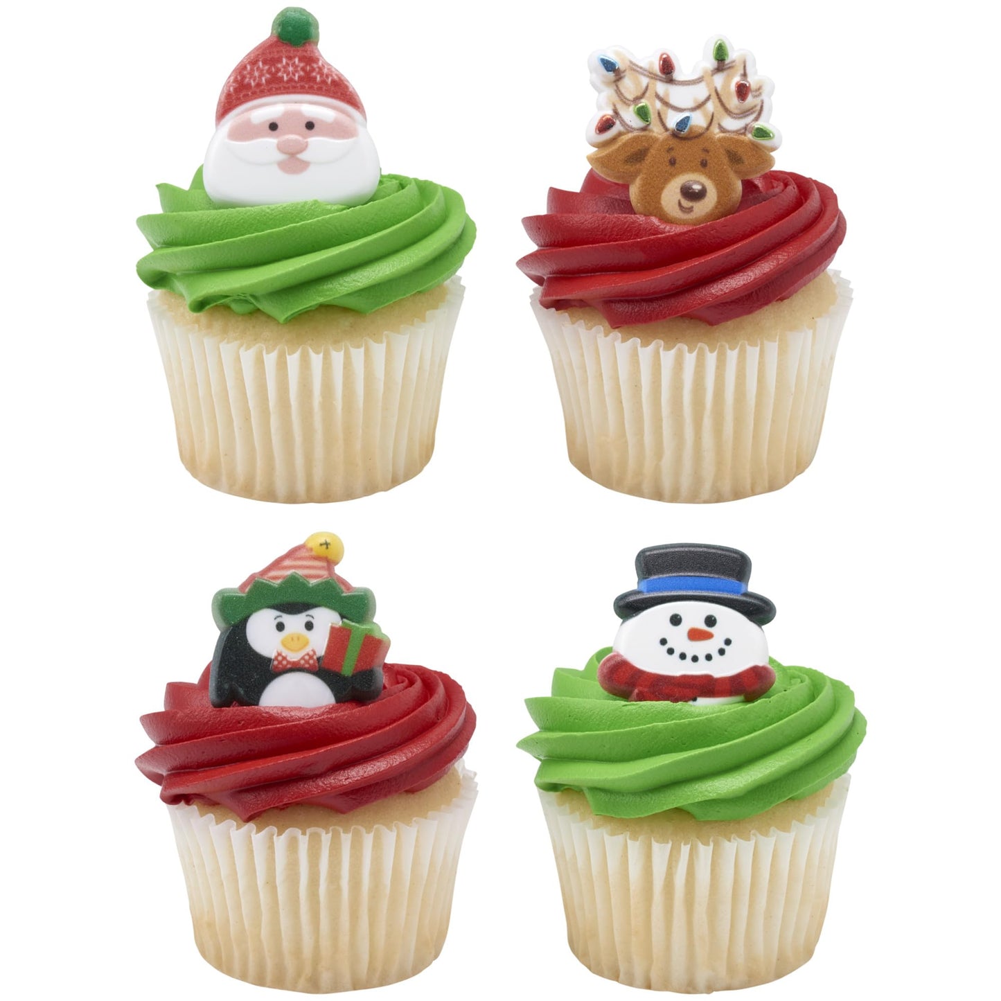 DecoPac Christmas Rings, Holiday Icon Cupcake Decorations, Cupcake Toppers Featuring Santa, Reindeer, Snowmen, and Penguins, Festive Food Safe Cake Topper – 24 Pack