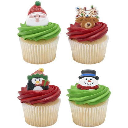 DecoPac Christmas Rings, Holiday Icon Cupcake Decorations, Cupcake Toppers Featuring Santa, Reindeer, Snowmen, and Penguins, Festive Food Safe Cake Topper – 24 Pack