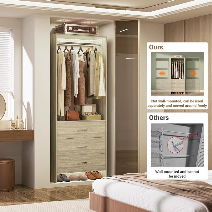 Aheaplus 2FT Closet System with 3 Drawers, 24’’ Closets Organizer, Wood Closet Organizer System, Walk-in Closets or Small Wardrobe, Clothes Rack with Hanging Rods, White Oak