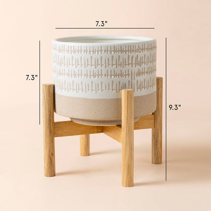 LA JOLIE MUSE Ceramic Plant Pot with Stand - 7.3 Inch Decorative Cylinder Flower Pot with Wood Planter Holder for Indoor, Yellow & White