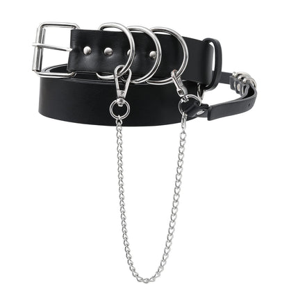 AWAYTR Women Leather Punk Waist Belt - Black PU Leather Adjustable Ladies Belts with Gold and Silver Buckle (Silver Buckle)