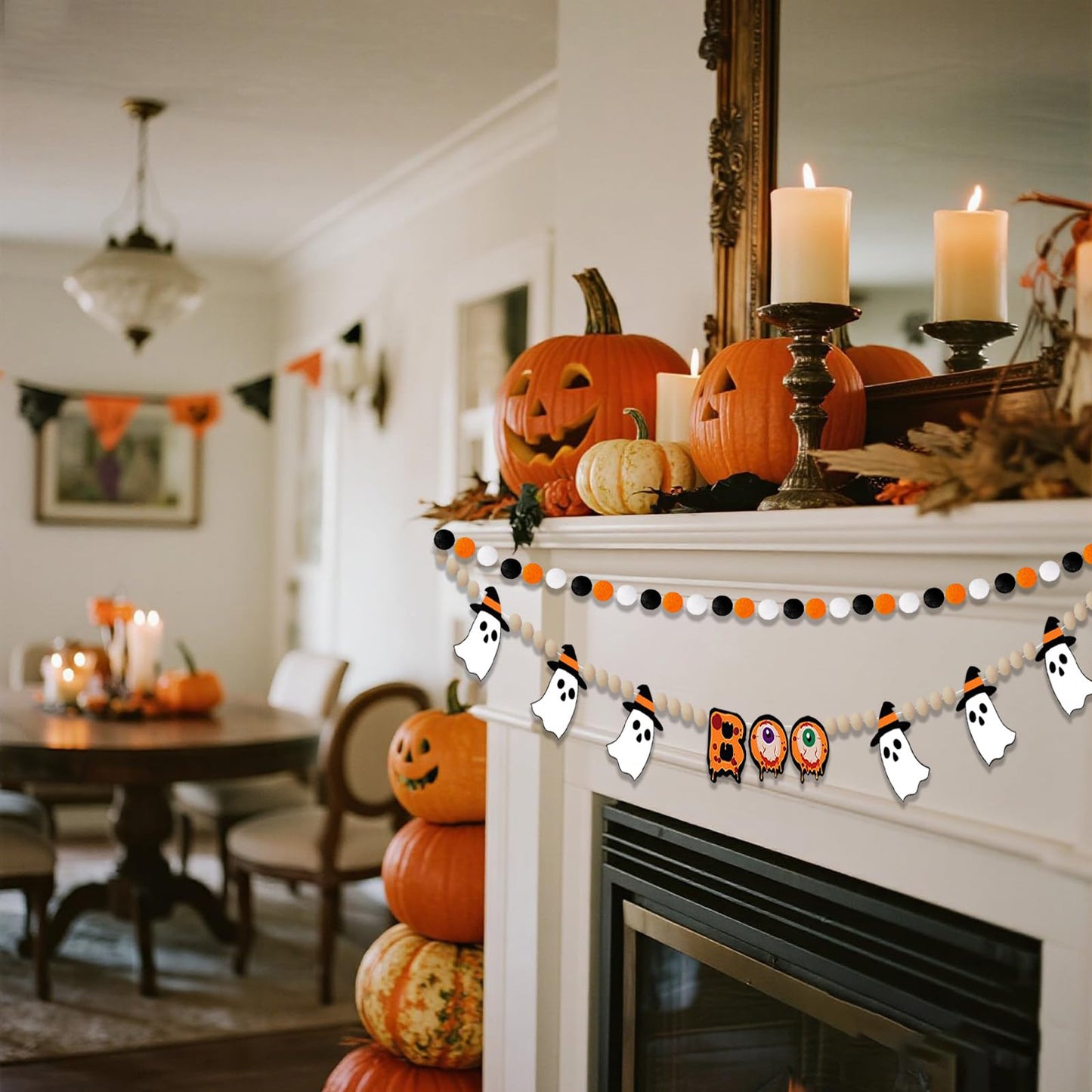 Felt Halloween Garland, 7.5Ft Boo Ghost Garland with Wooden Beads for Halloween Decorations, 2Pcs Cute Indoor Banner for Mantle Fireplace Indoor Home Party Decor