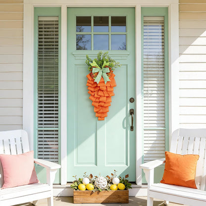 Easter Carrot Wreath Spring Decoration for Front Door, Rustic Stairway Swag Garland with Bow for Window Decor Party Supplies