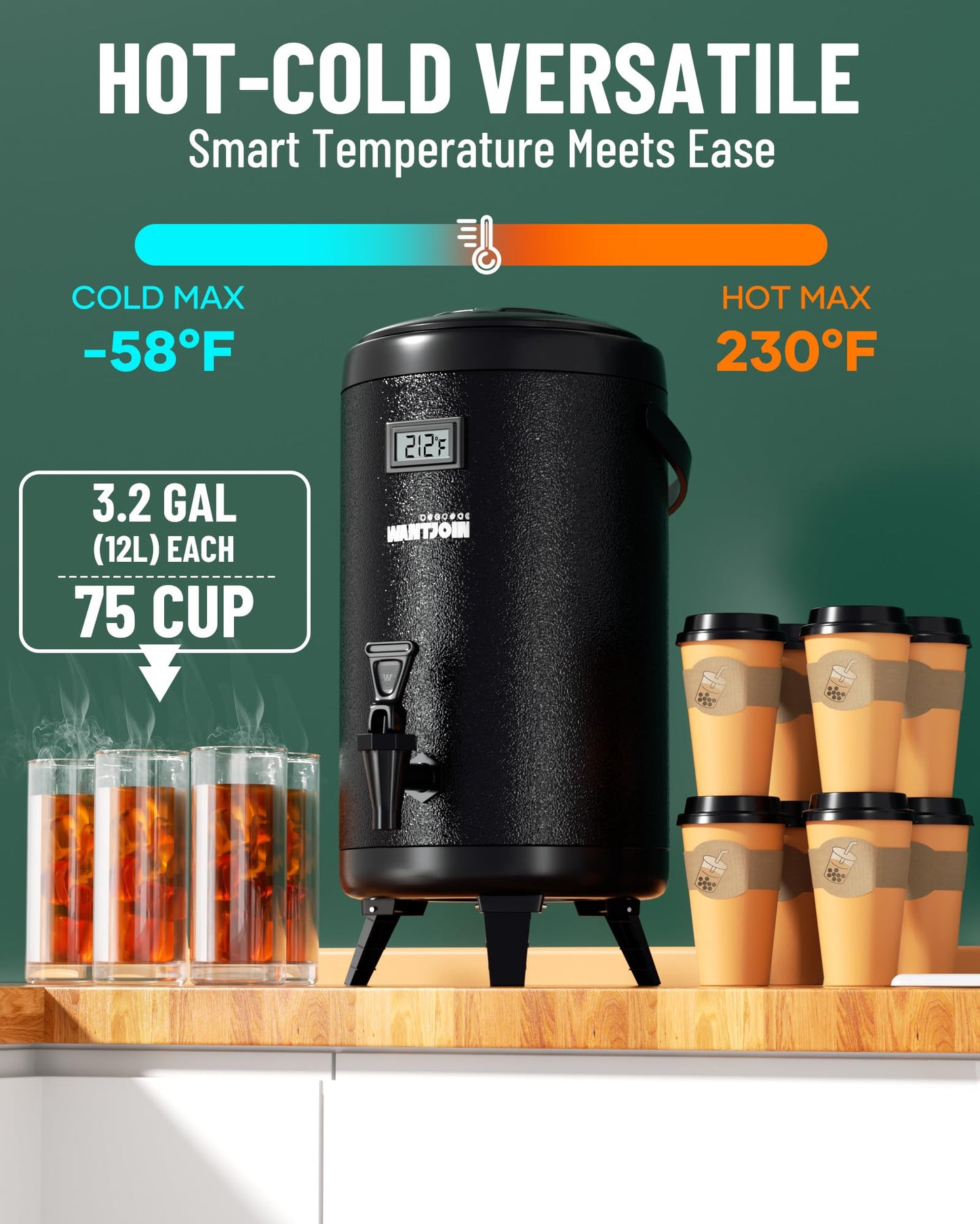 WantJoin Insulated Beverage Dispenser - 1-pack Thermal Hot and Cold Drink Dispenser with Spigot, Stainless Steel Premium 12 L/3.2 Gallon for Coffee & Hot tea,Cold Milk,Water,Juice (Black)