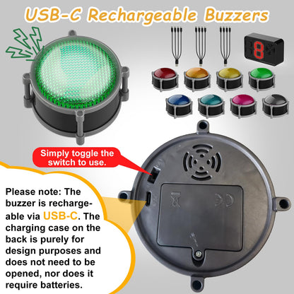 Buzzers for Trivia Games, Rechargeable Answer Buzzers for Classroom with Light, Show Who Buzzed First, 3-Second Auto Reset Buzzer System for Game Show, School, Jeopardy, Family Feud Night (8 Colors)