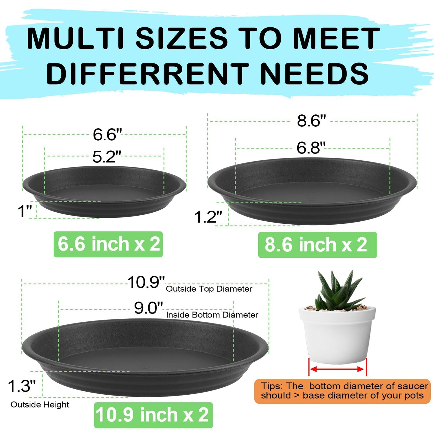 GREGICH 6 Pcs Plastic Plant Saucer 6 8 10 inch Assorted Sizes, Thick Multi Size Pack Plant Tray for Pots Indoors Potted Plant Water Catcher Tray Flower Planter Base Drainage Drip Dish Plate Outdoor