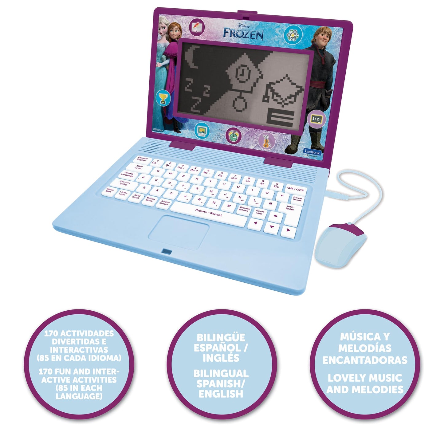 Lexibook, Frozen, Bilingual and Educational Laptop Spanish/English, Toy for Children, 170 Activities to Learn, Play Games and Music, Large Screen, Purple/Blue, JC599FZi2