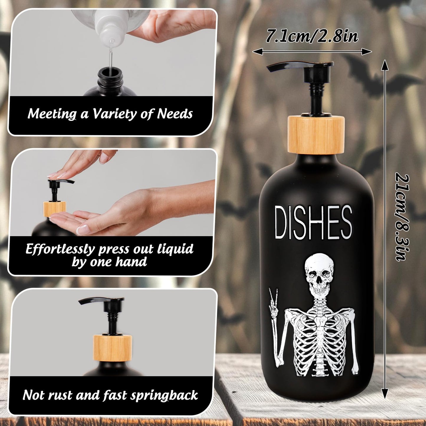 Whaline 2 Pcs Halloween Soap Dispenser Black Spooky Skeleton Hand Glass Soap Dispenser with Pump Refillable Liquid Container for Trick or Treat Home Kitchen Decor