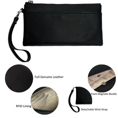 EChoSYDBel Genuine Leather Wristlet Clutch RFID Blocking Handbag Cell Phone Purse Wristlet Zipper Wallet Purses and Bags for Women Men (Black)