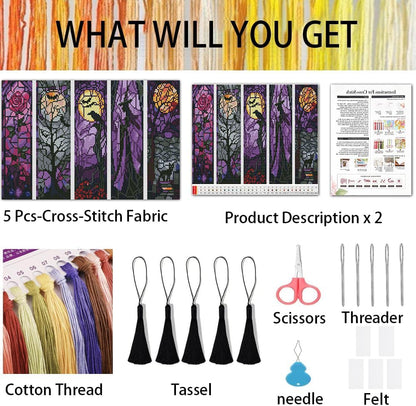 NEGEKFKX 5 Pcs Halloween Cross Stitch Bookmark Kit for Adult Beginners,Witch Stitch Kits 14 CT DIY Cross Stitch Kits Adult Stamped Bookmark Embroidery Bookmarks Kit