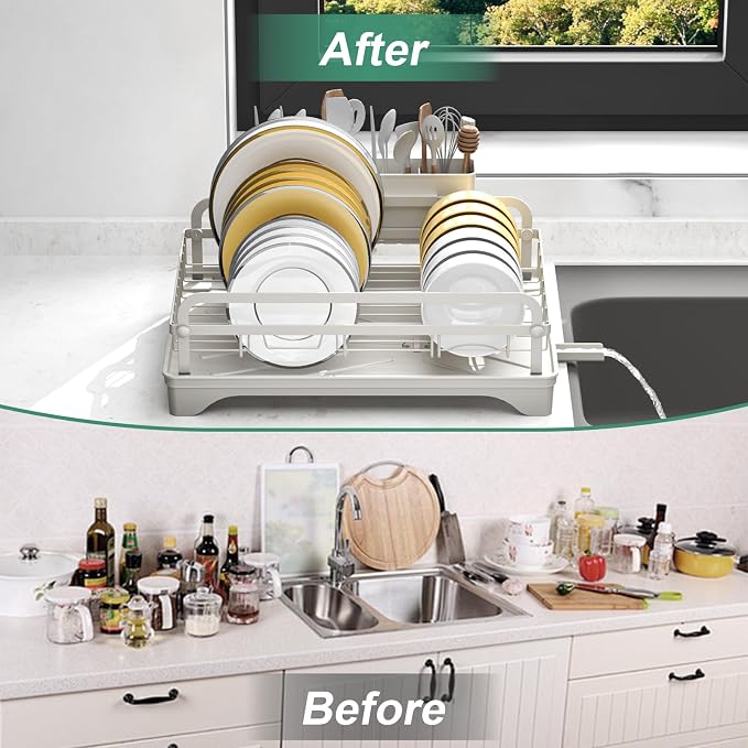 Dish Drying Rack,Dish Racks for Kitchen Counter,Metal Dish Drainer with Adjustable Drainage Spout,Removable Knife and Fork Holder (Grey)