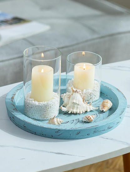 Hanobe Candle Plate Holder Tray: Round Wood Decorative Candle Plate - Rustic Farmhouse CoffeeTable Decor - Tealight Pillar Trays for Home Decor (Ocean Blue)